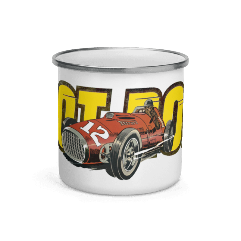 Kop, metal, hvid med motiv: "HOT ROD"