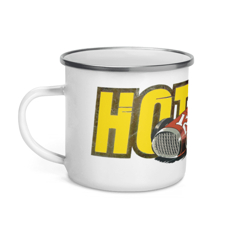 Kop, metal, hvid med motiv: "HOT ROD"